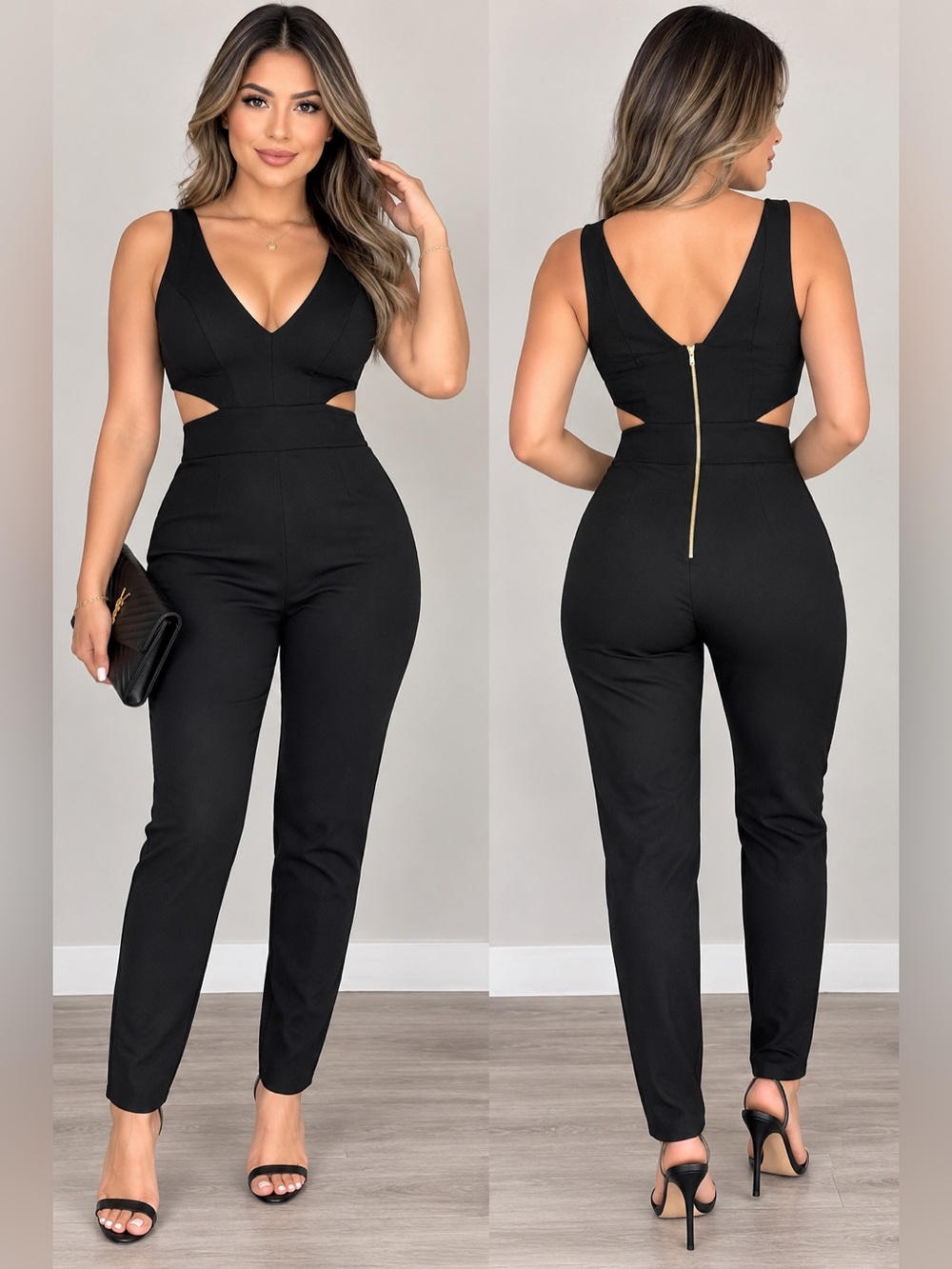 Rolla Coster Black Cutout Jumpsuit Gold Zip V-Neck Size S